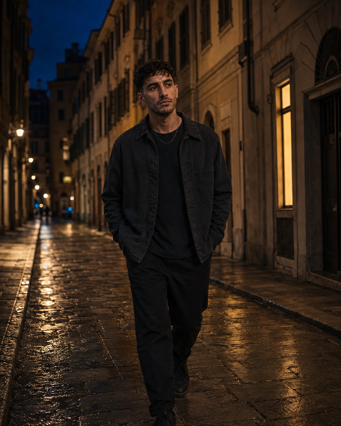Renzo Lume marchant dans une rue de Turin la nuit