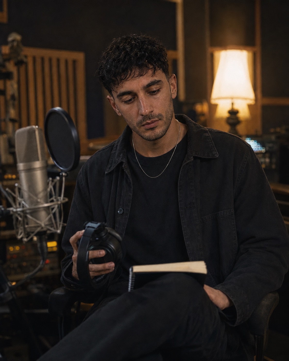 Renzo Lume assis dans un studio d'enregistrement