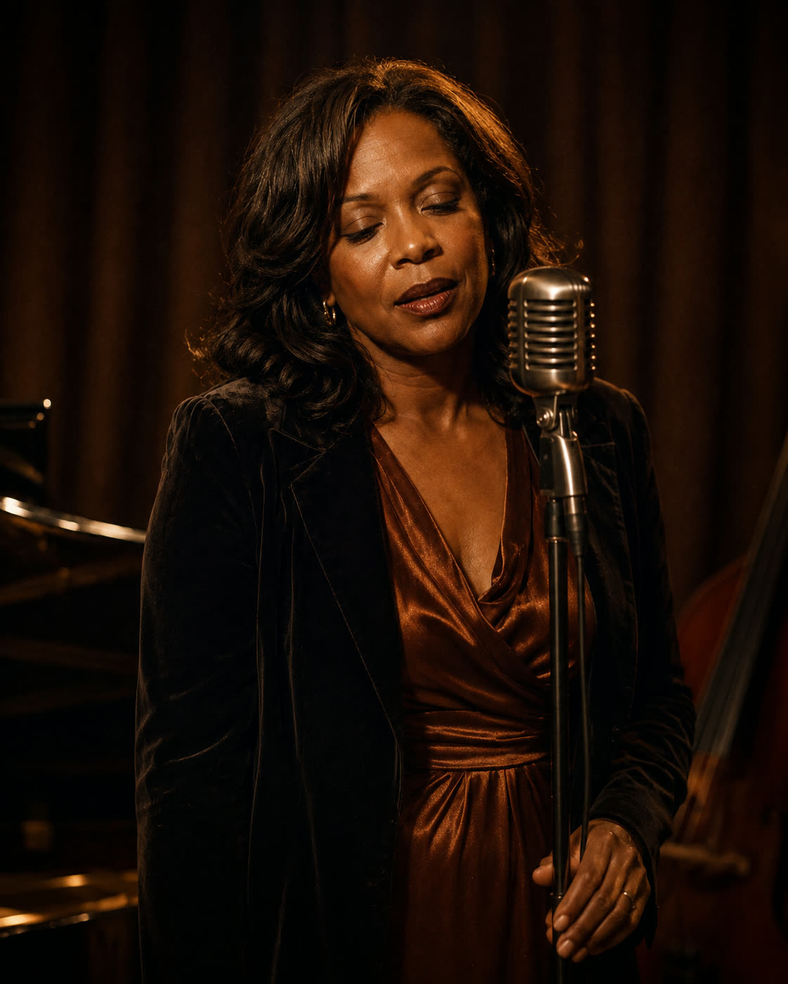 Zora Hale chantant devant un micro vintage dans un club de jazz